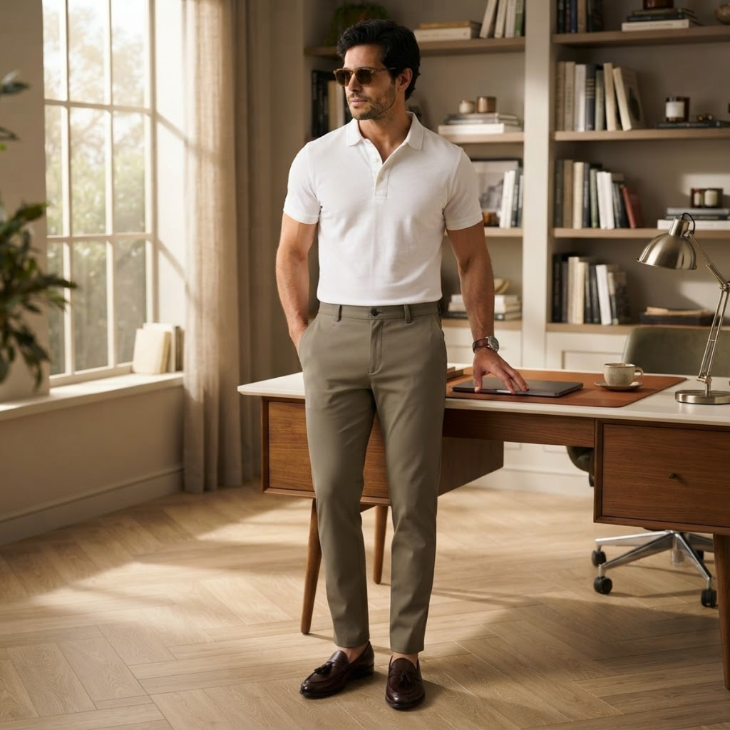 Men's slim-fit casual business dress pants, brown with button waist and belt loops