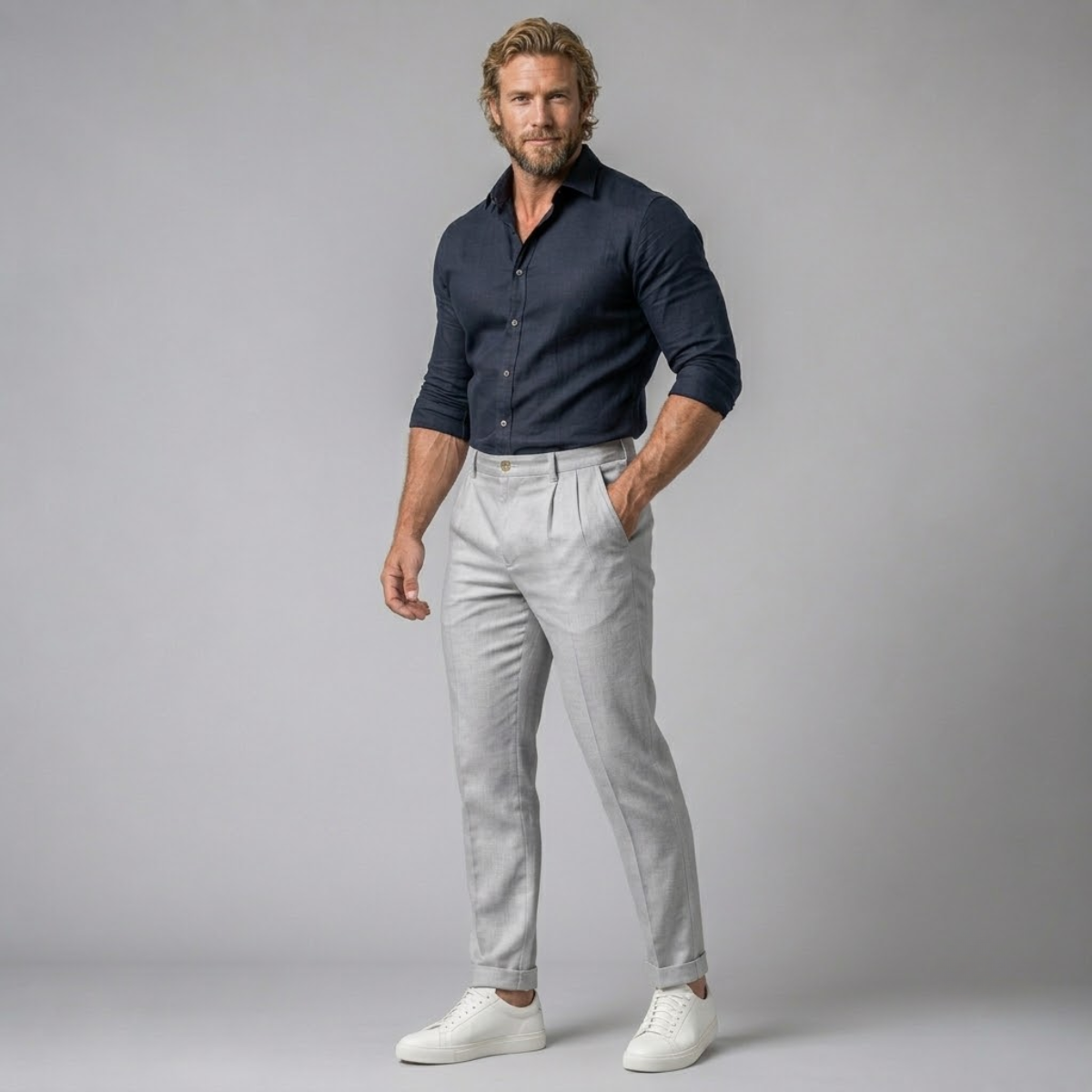 Men's light gray slim-fit lightweight linen dress pants on model, pleated front, cuffed hem
