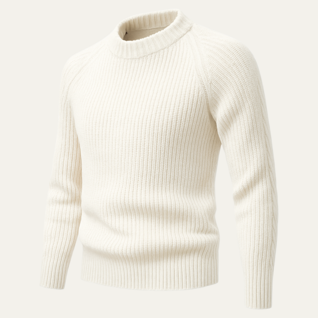 Men's 100% cashmere crewneck sweater in off-white, ribbed collar and cuffs