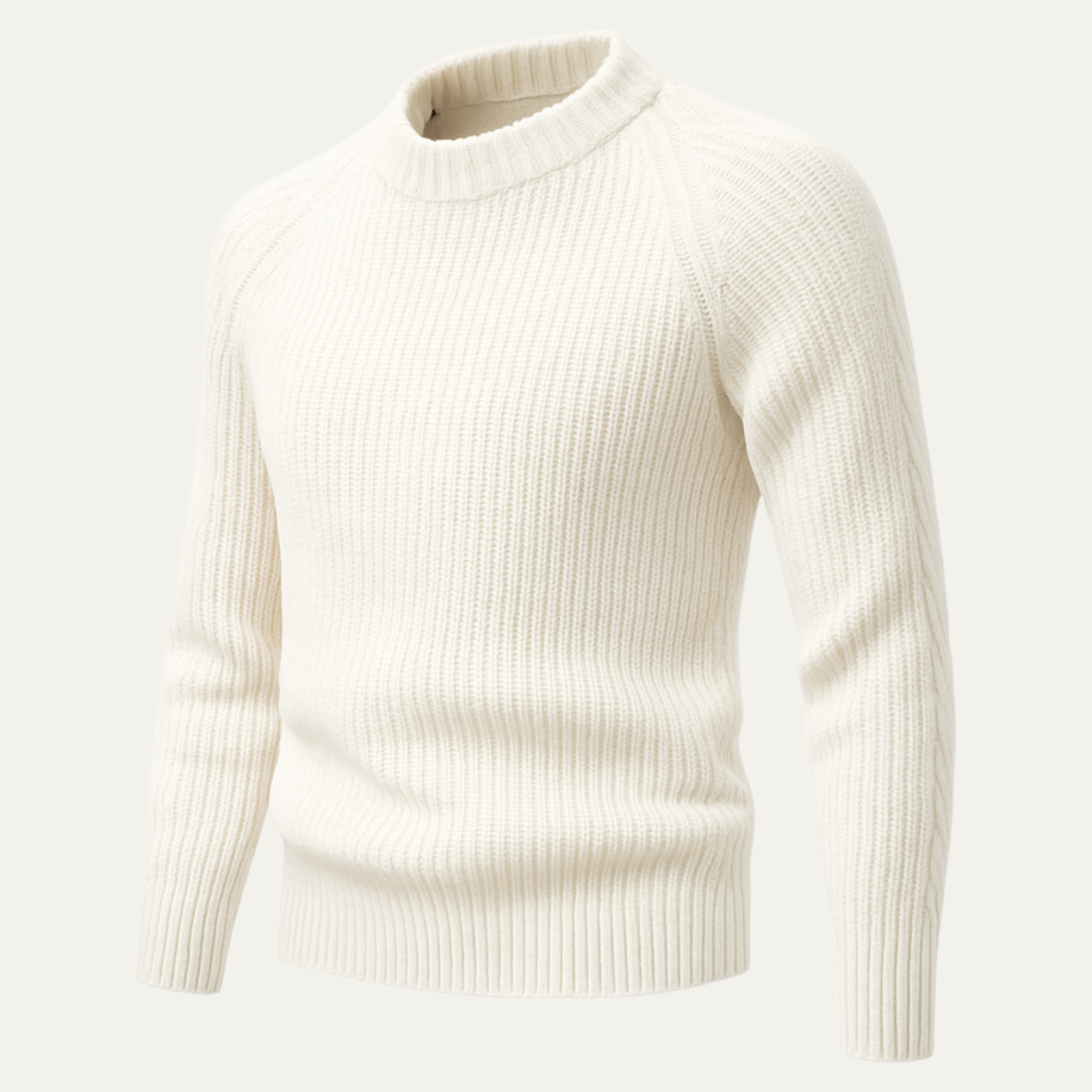 Men's 100% cashmere crewneck sweater in off-white, ribbed collar and cuffs