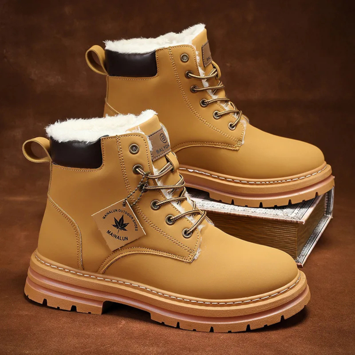 Men’s tan fur-lined insulated snow boots, lace-up with dark ankle lining and thick sole