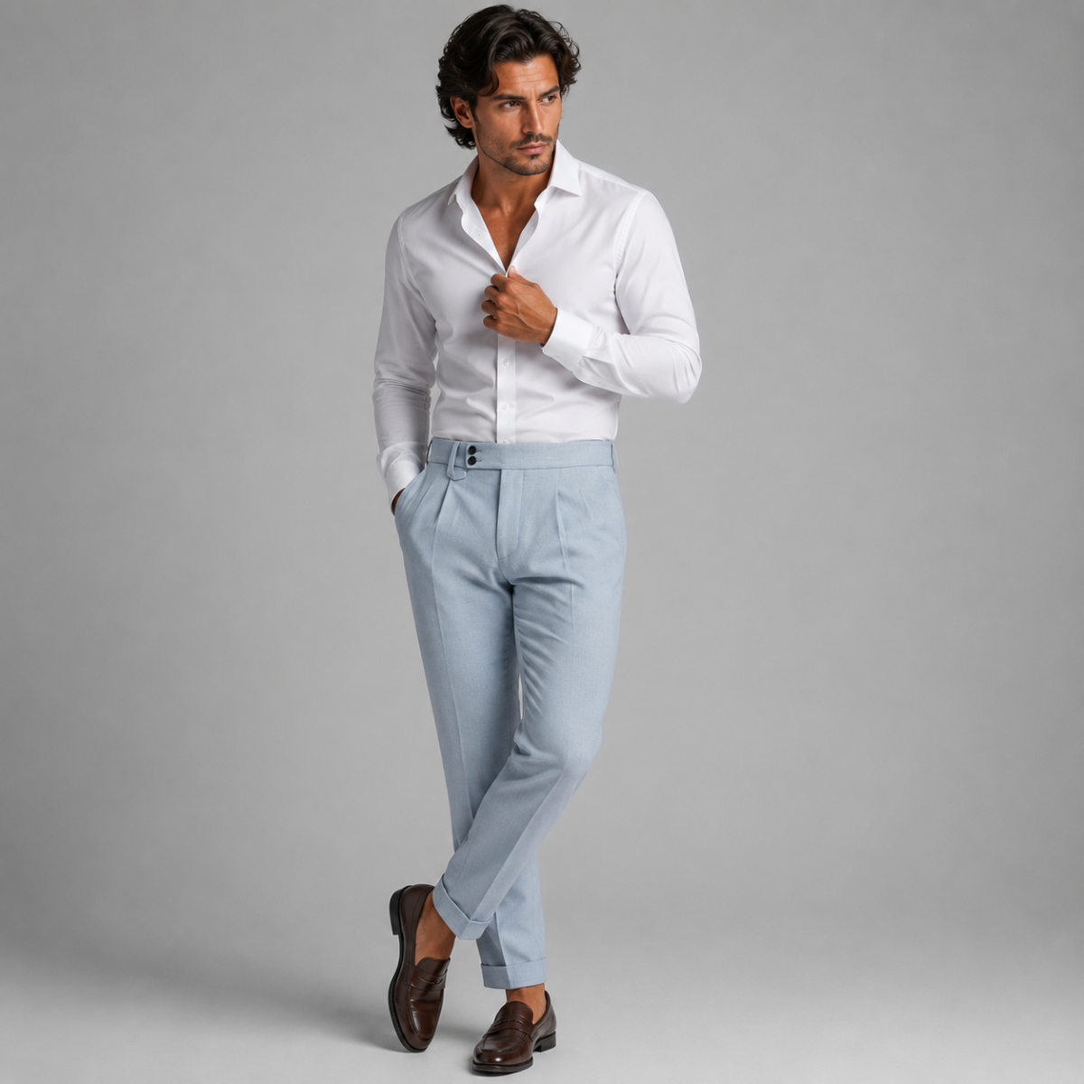 Men's tailored high-waisted pleated dress pants in light blue