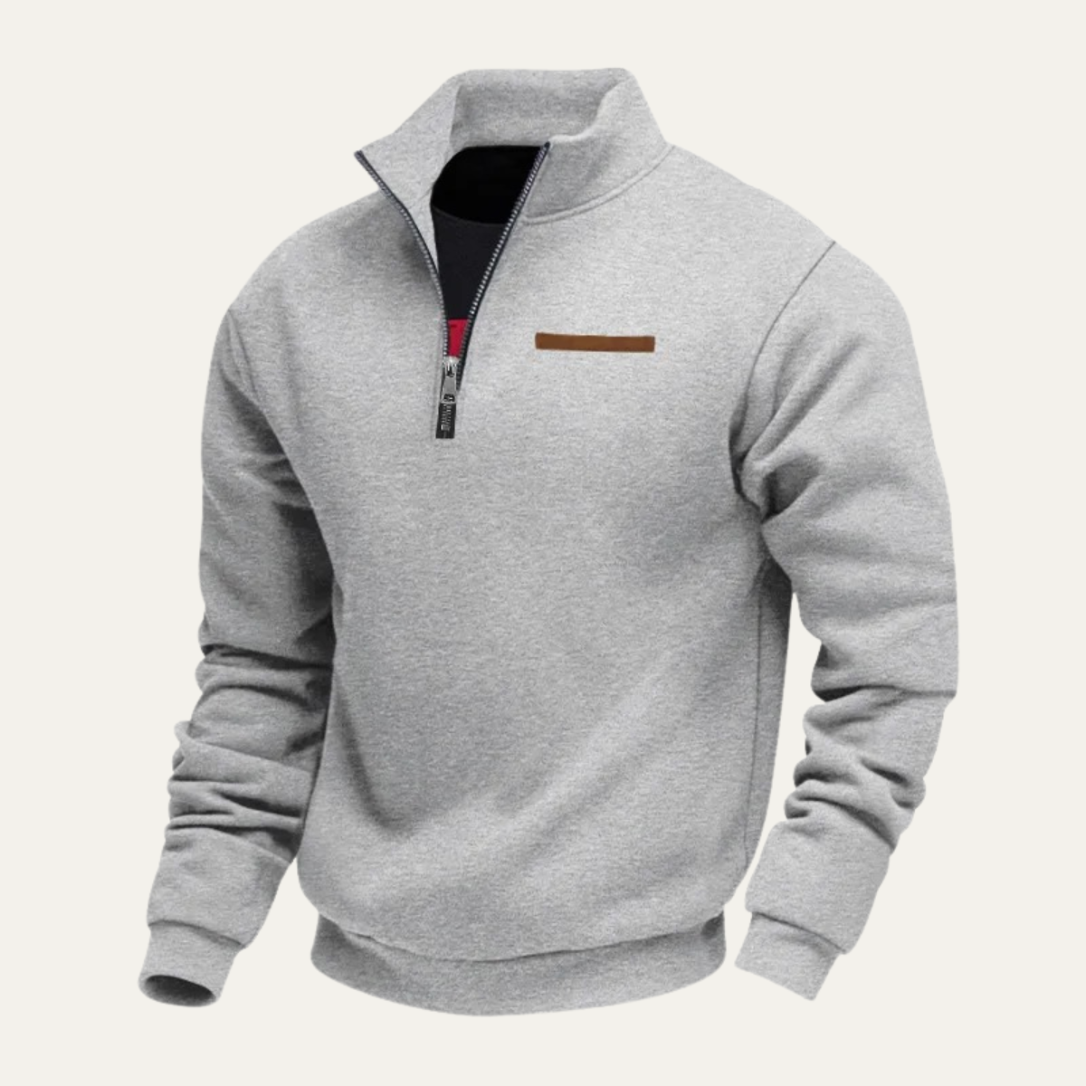 Gray men’s half-zip stand-collar sweater with chest trim patch
