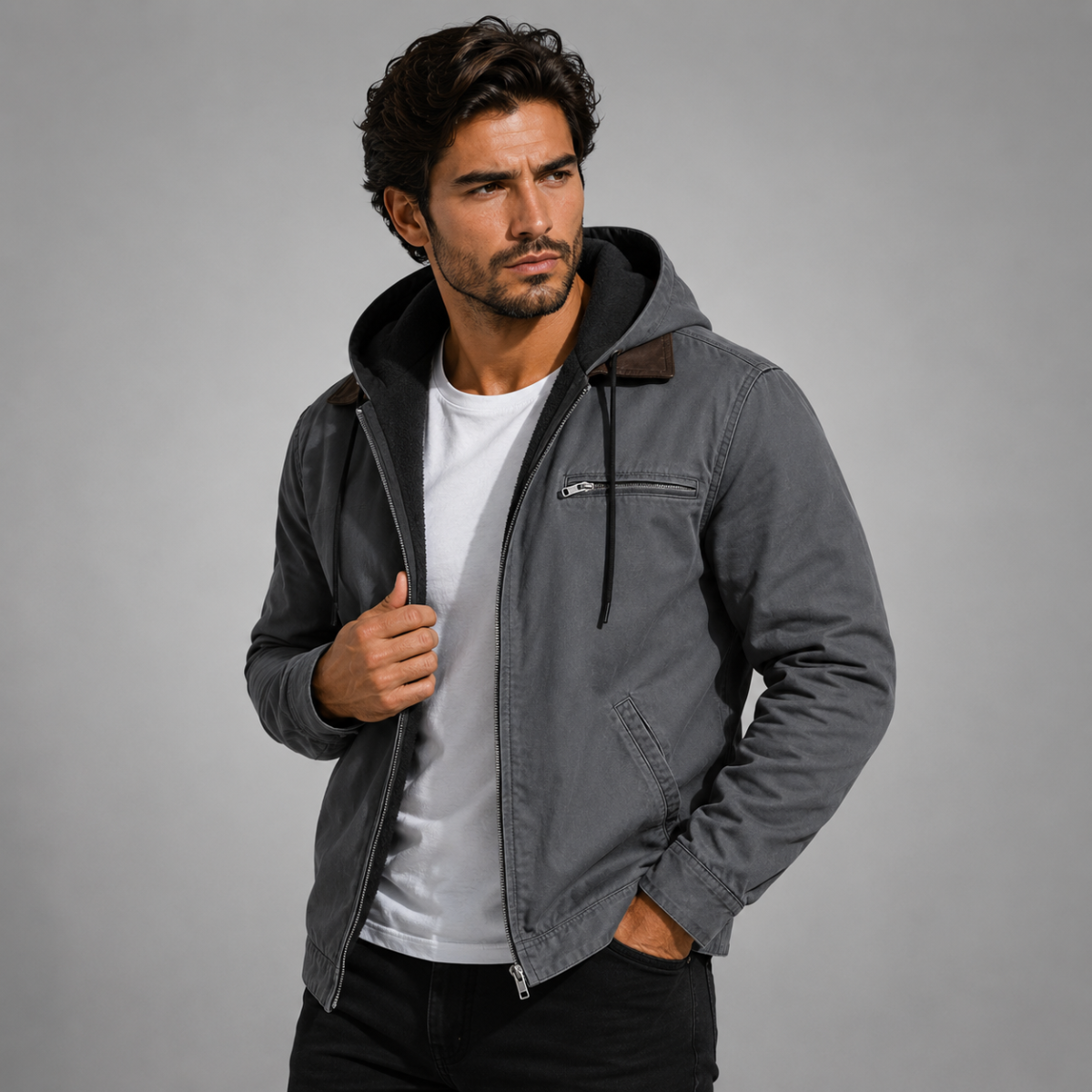 Men's hooded fleece-lined jacket in charcoal gray with zip front and drawstring hood.