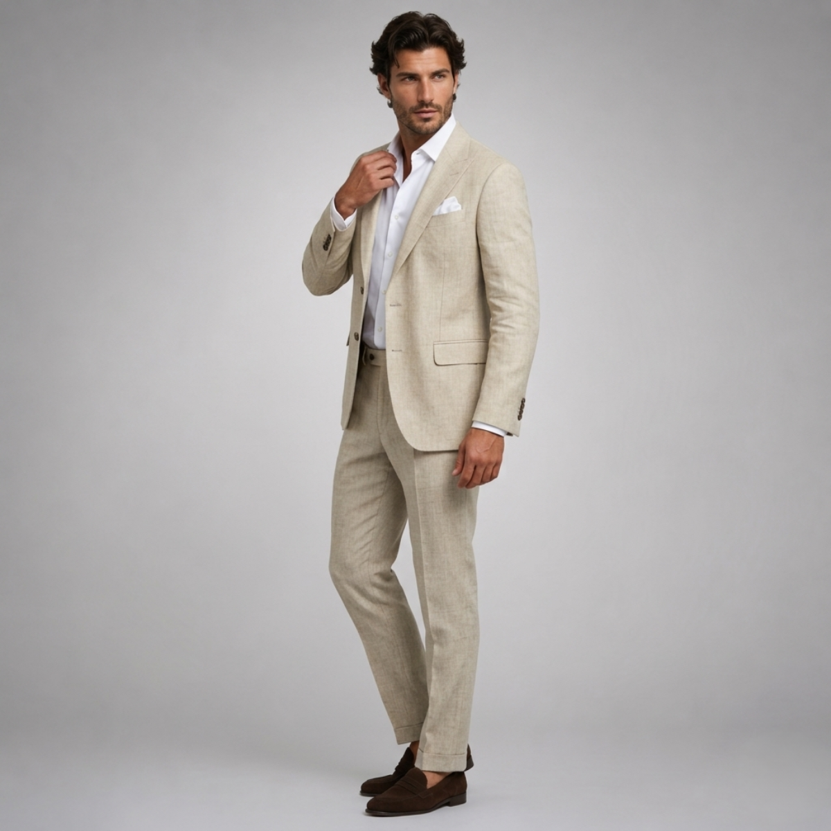 Beige linen slim-fit suit blazer and pants on model with white pocket square