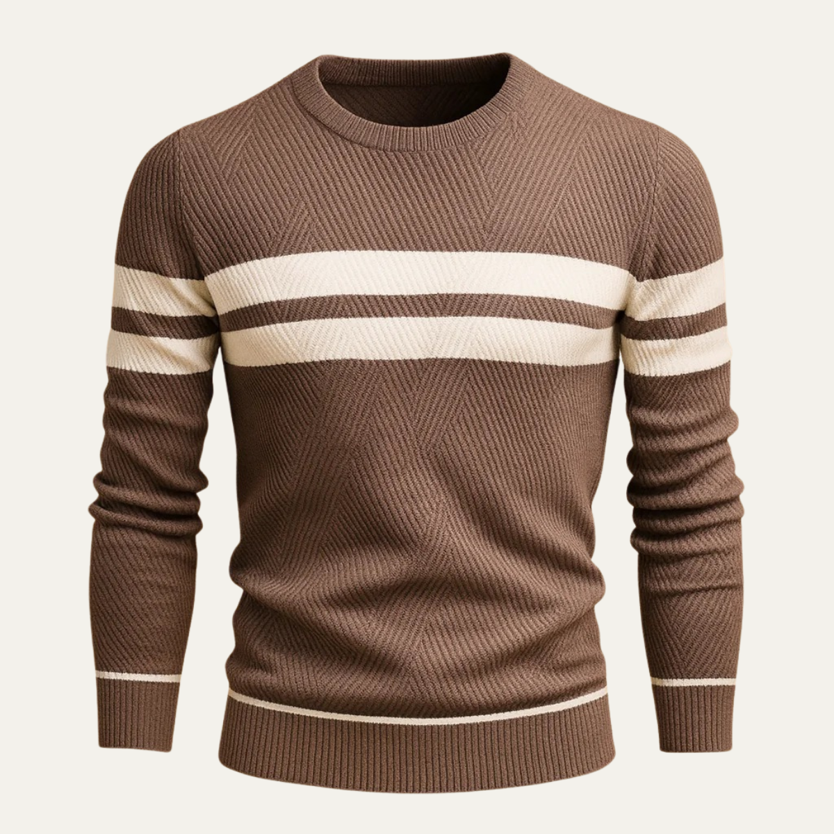 Men's brown knit sweater with bold white horizontal stripes across chest and sleeves