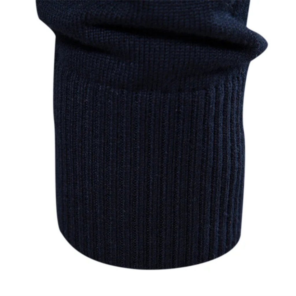 Navy ribbed mock neck collar on knit zip sweater