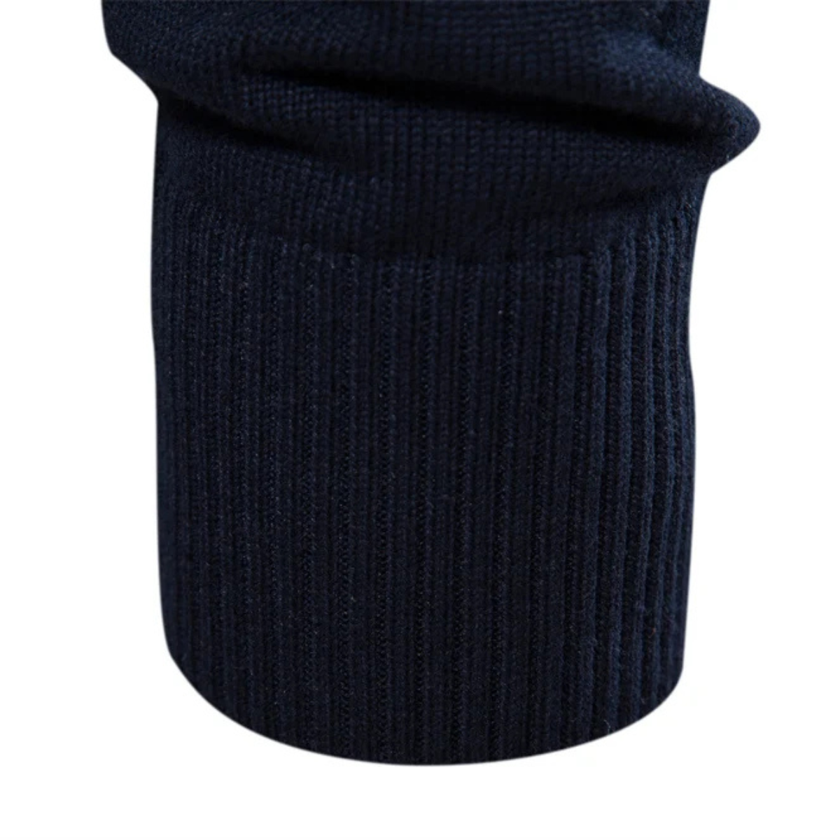 Navy ribbed mock neck collar on knit zip sweater