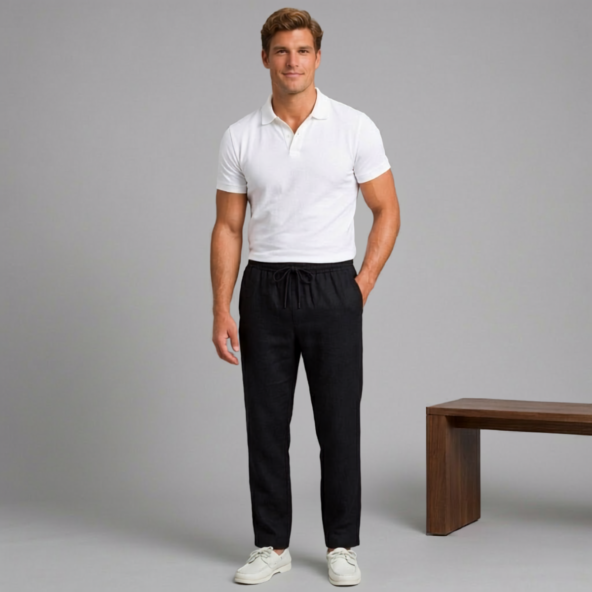 Men's hemp straight-leg pants in black, relaxed fit with drawstring waist