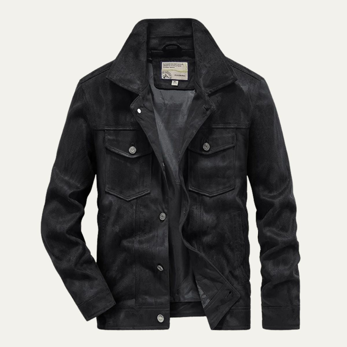 Men's suede cargo jacket, black, chest flap pockets, button-front