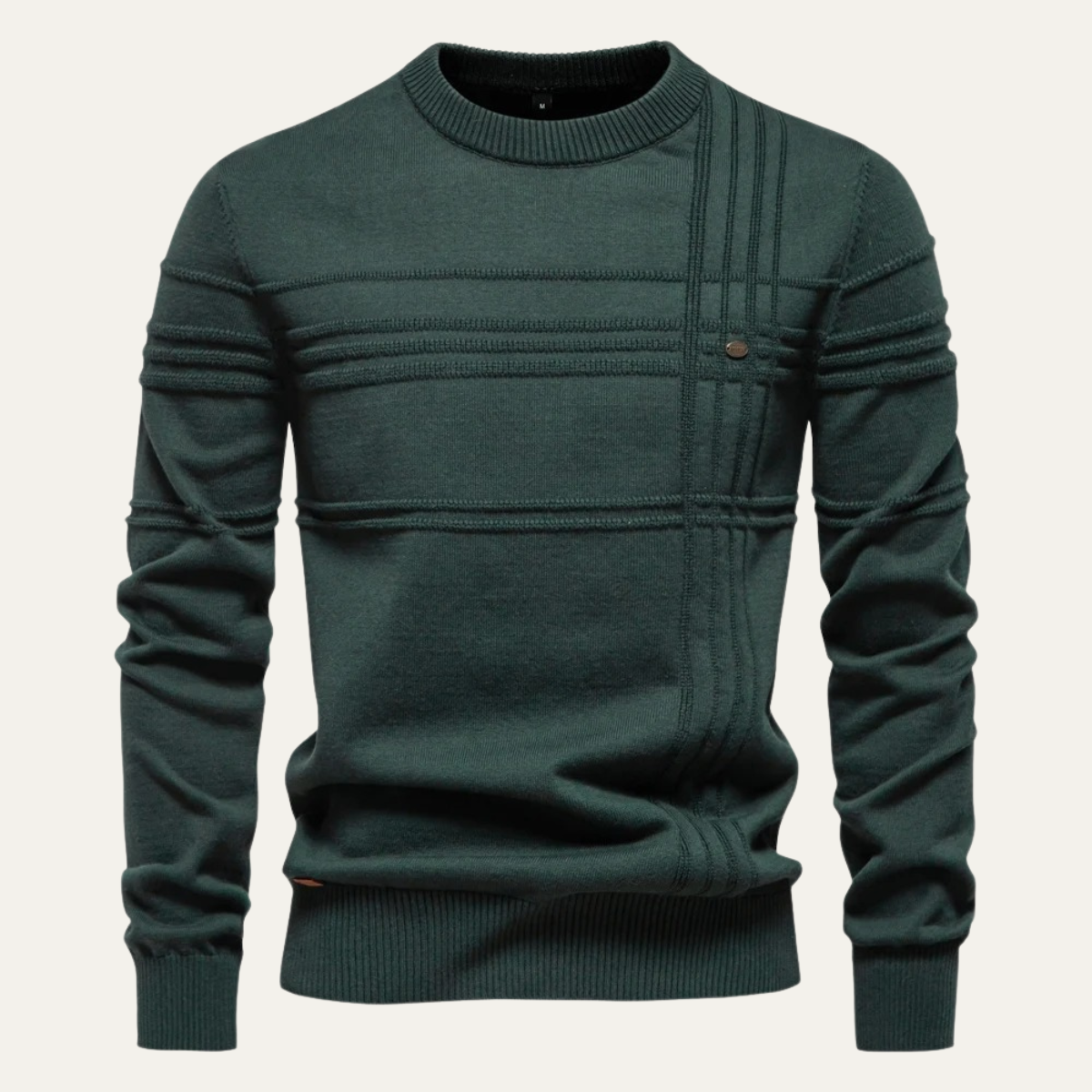 Men's green crew-neck knit sweater with ribbed cuffs and stripe panel design