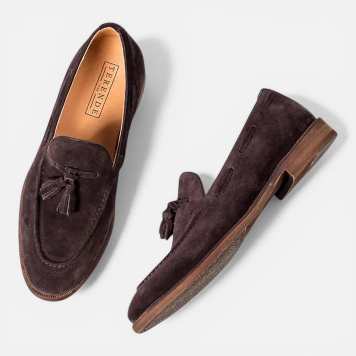 Men's faux leather tassel loafers in dark brown, side and top views