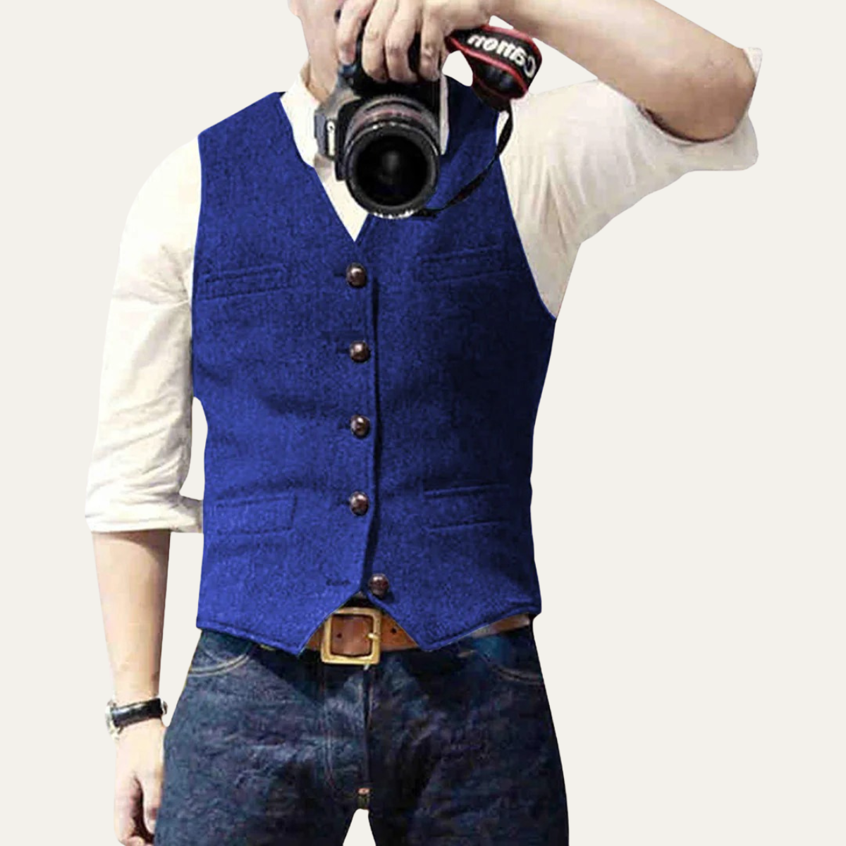 Men's vintage button-up vest, royal blue with four front buttons and welt pockets