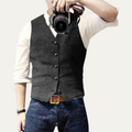 Gray men’s sweater vest with V-neck, button front, and patch pockets.