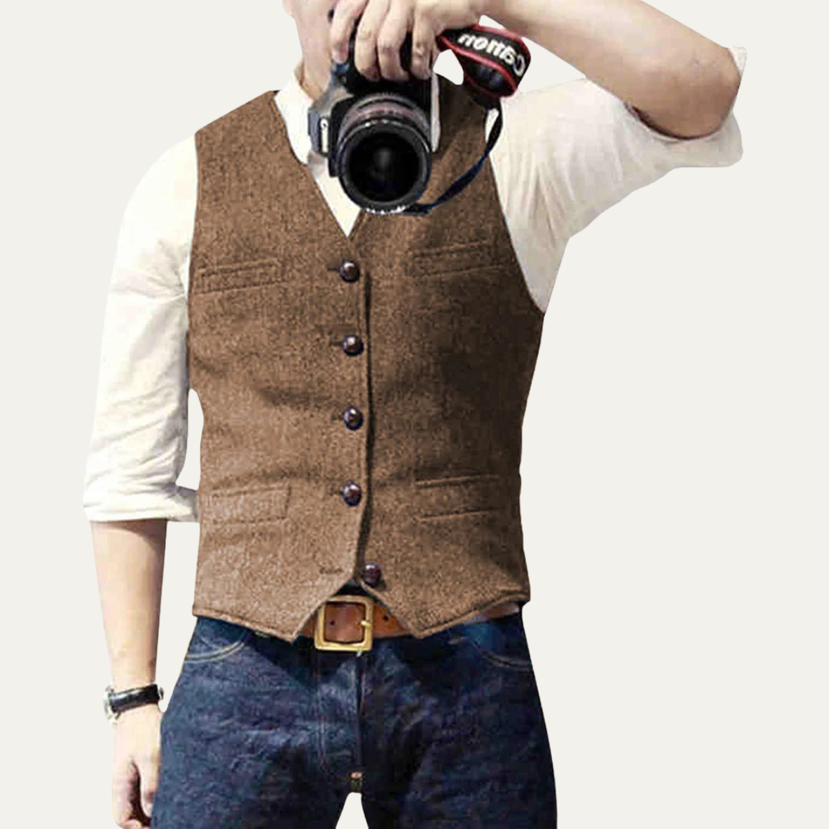 Men's vintage button-up vest, brown with four front buttons and welt pockets