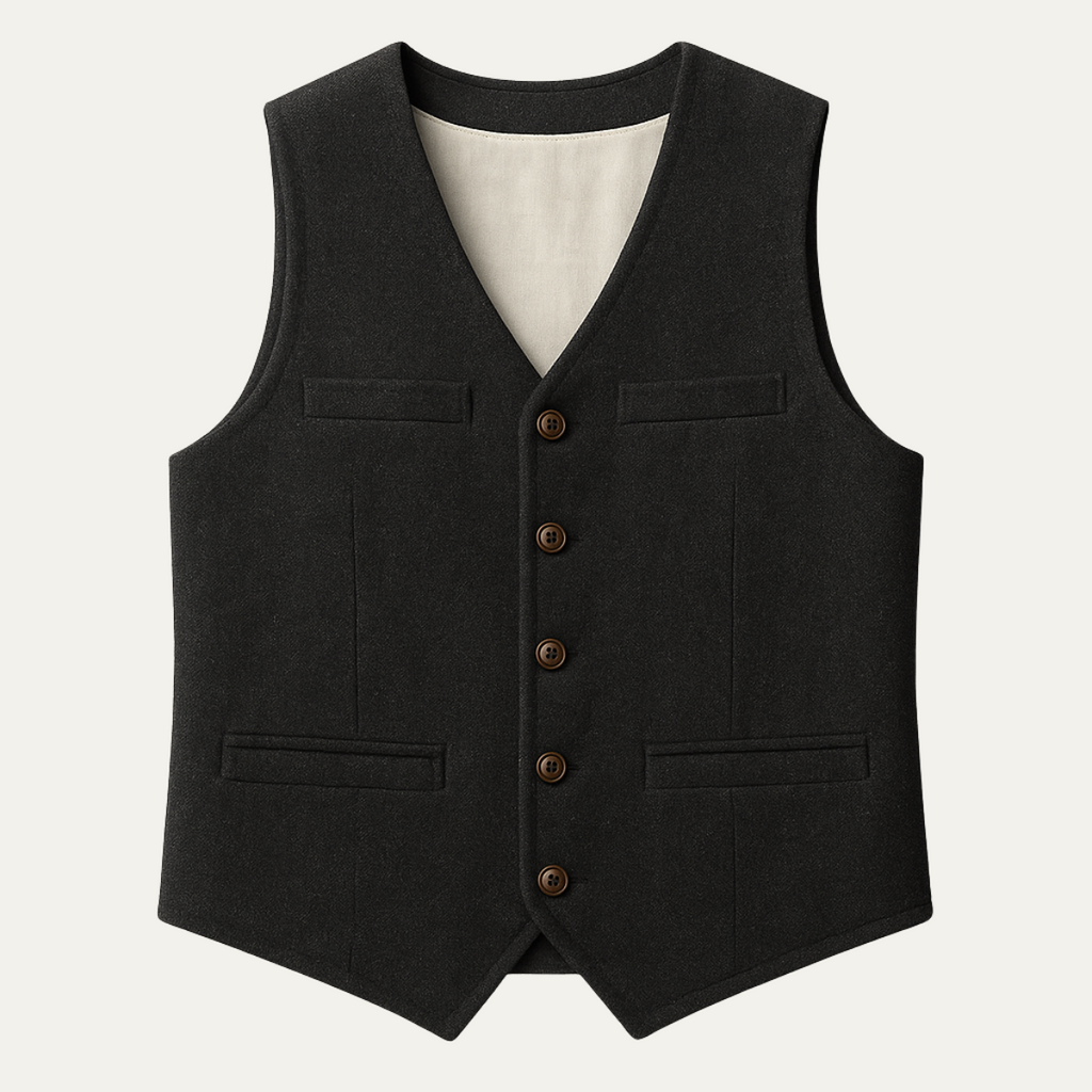 Black men’s sweater vest with V-neck, button front, and patch pockets.