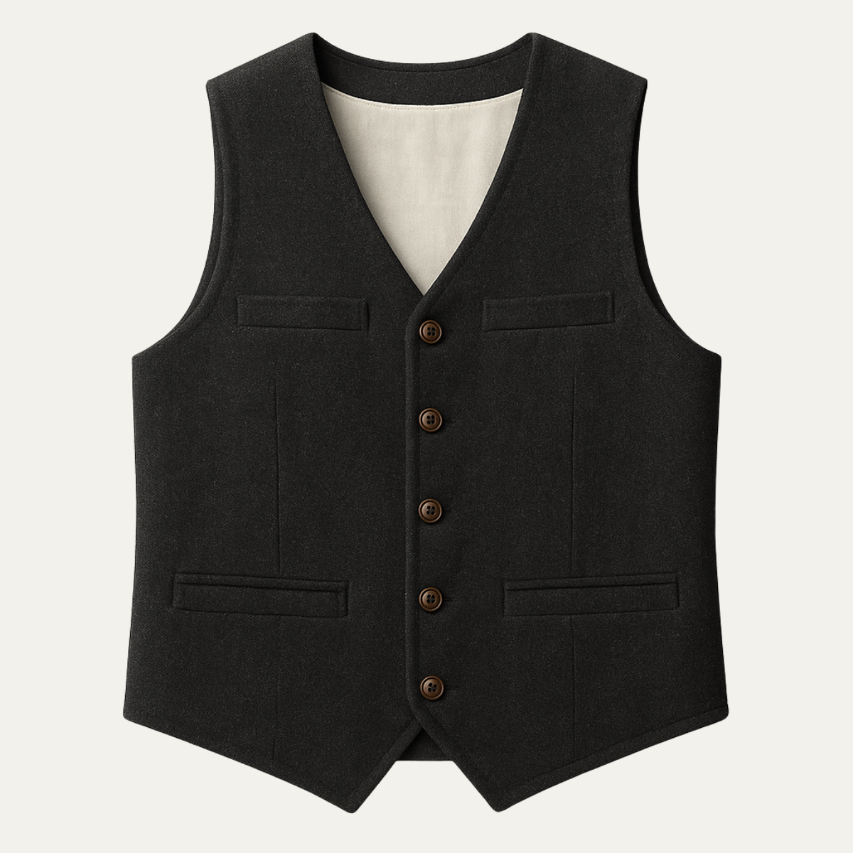 Men's vintage button-up vest, black with four-button front and welt pockets