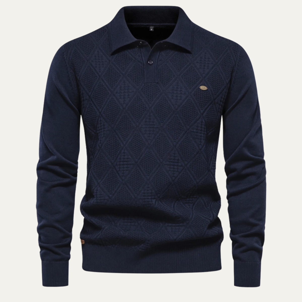 Men's navy diamond-knit polo sweater with ribbed collar and button placket