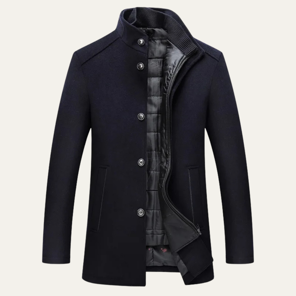 Men's navy wool-blend button-up coat with quilted warm lining and button placket