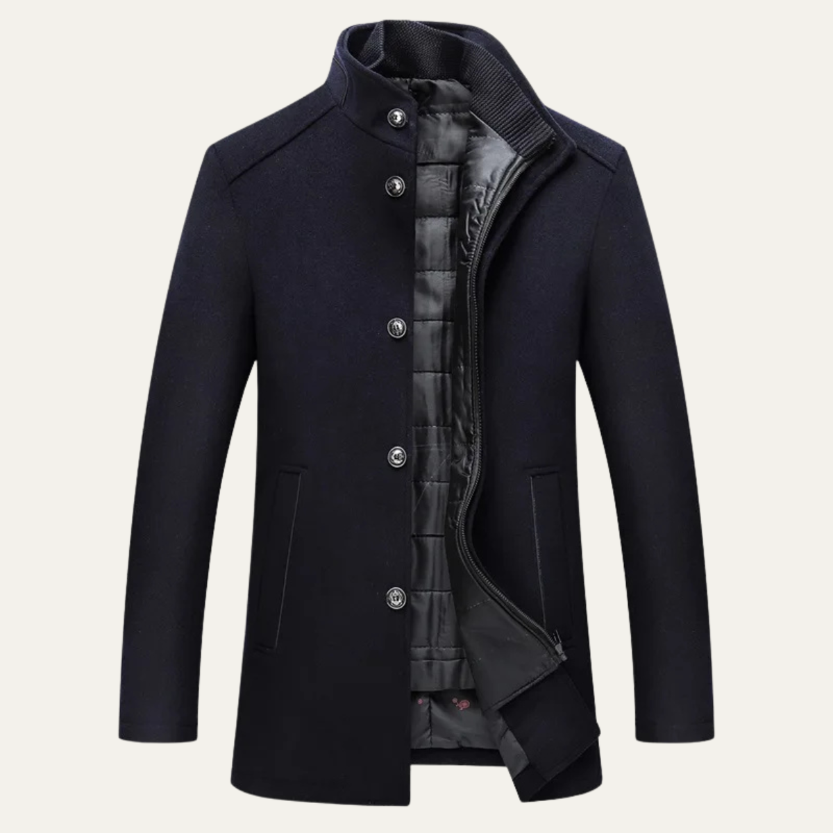 Men's navy wool-blend button-up coat with quilted warm lining and button placket