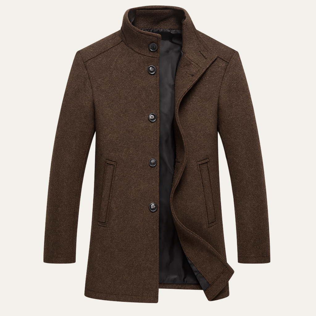 Men's brown wool-blend button-up coat with stand collar and dark button placket
