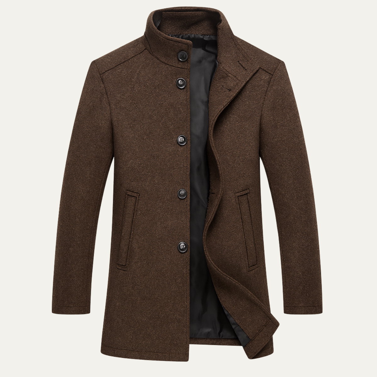 Men's brown wool-blend button-up coat with stand collar and dark button placket