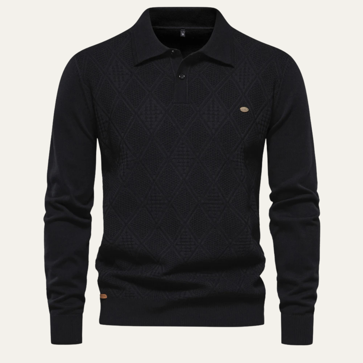 Men's black diamond-knit polo sweater with ribbed cuffs and button collar
