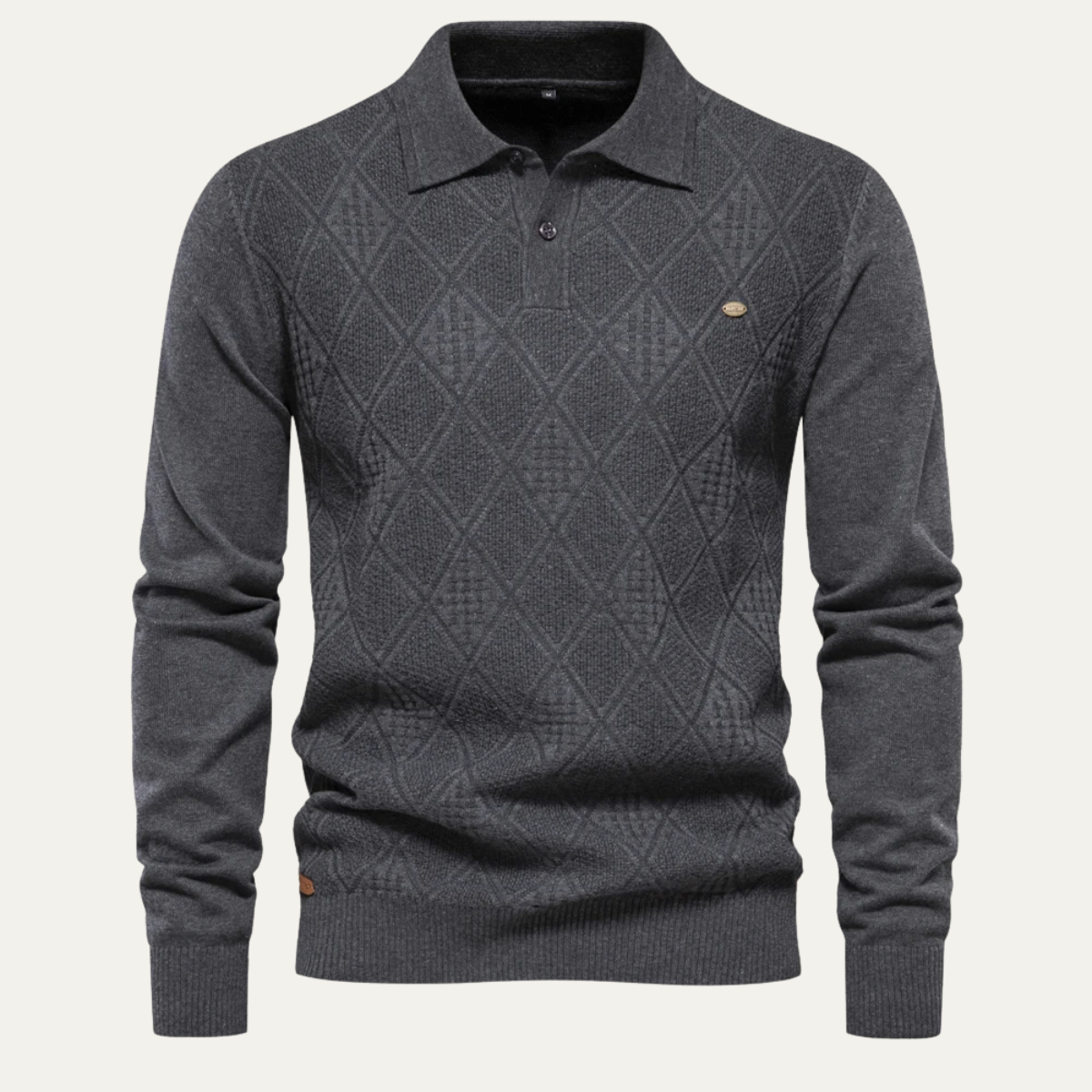 Men's gray diamond-knit polo sweater with ribbed collar and long sleeves