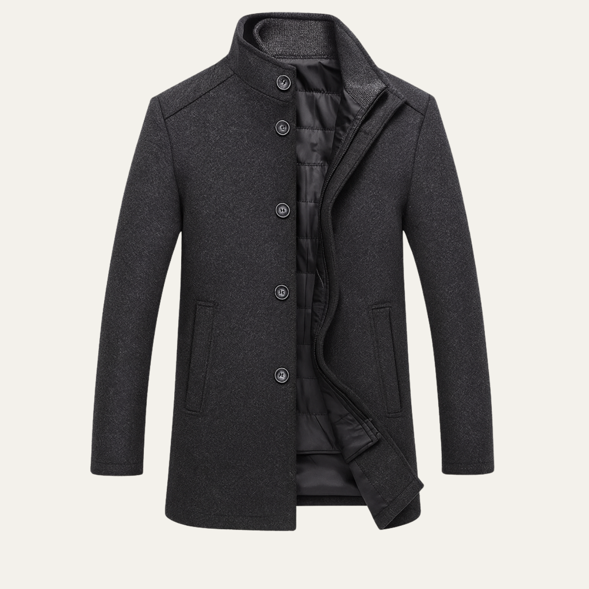 Men's dark gray wool-blend button-up coat with warm lining and notched lapels