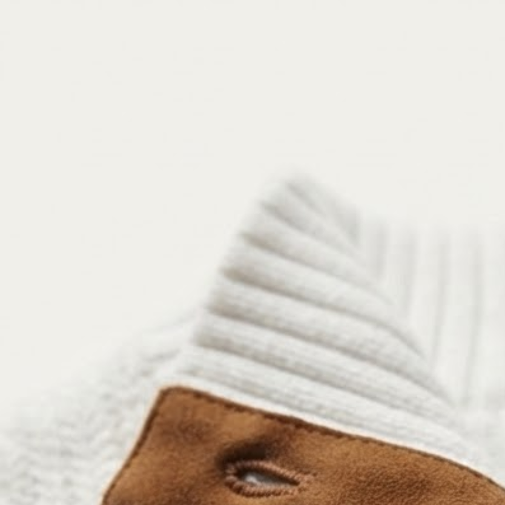 Elbow patch detail on a white knit quarter-zip sweater with brown suede trim