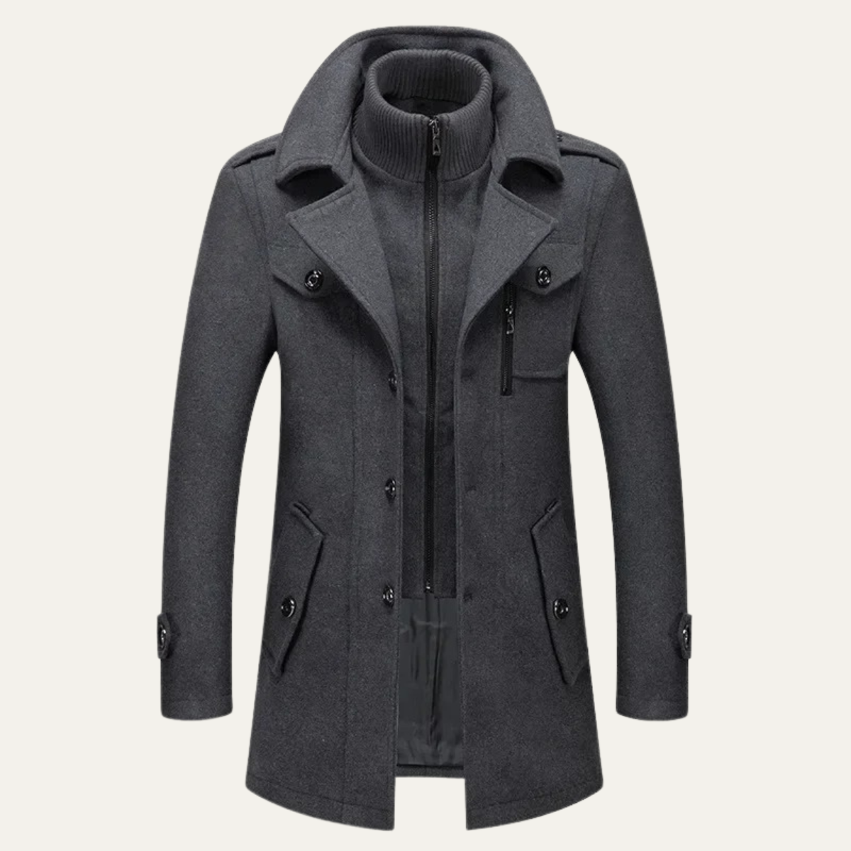 Men's wool-blend coat in dark gray, stand collar, front zipper, flap pockets with buttons