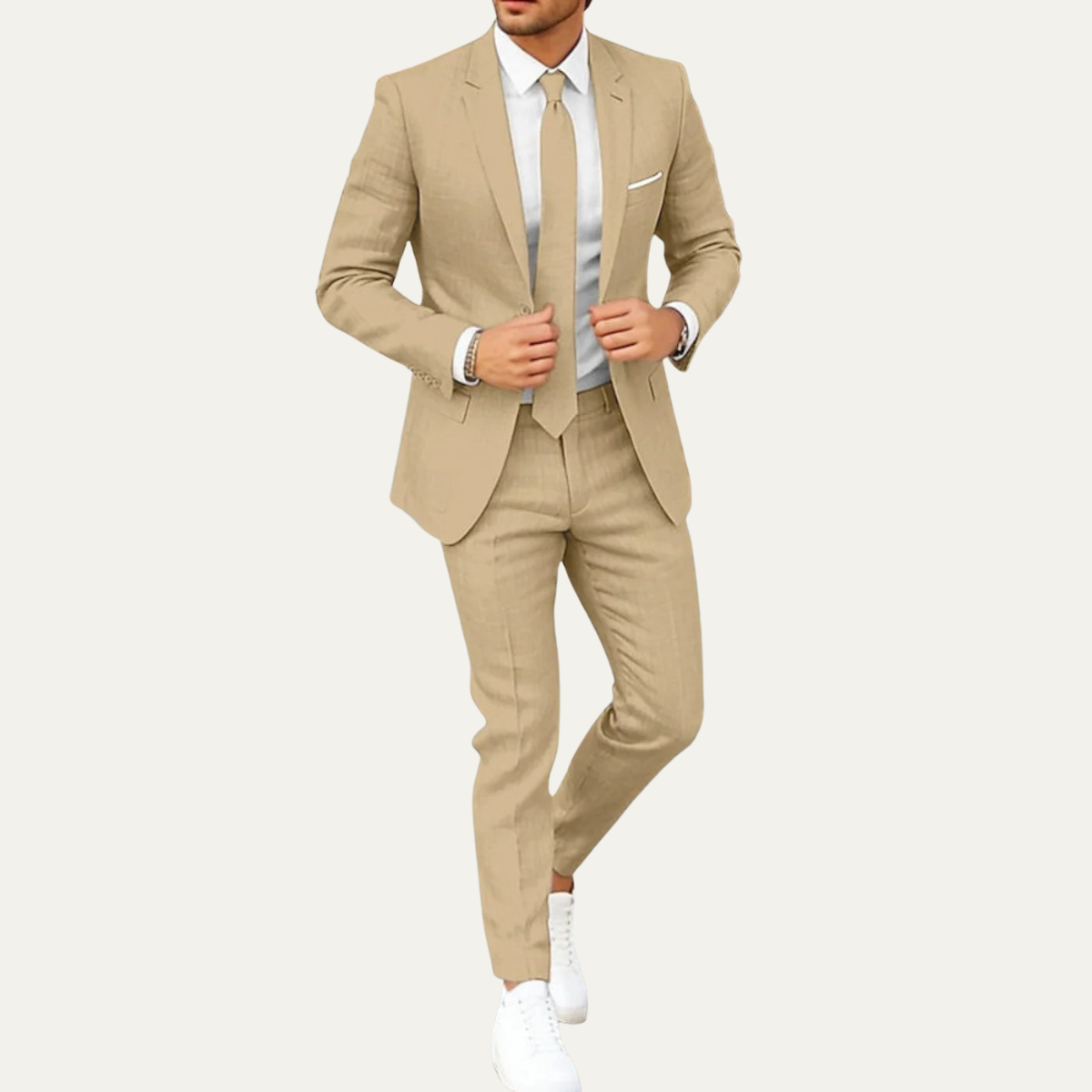 Men's lightweight khaki suit set with blazer and matching dress pants