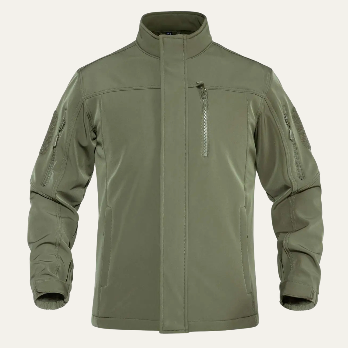 Men's tactical windproof jacket, olive green full-zip with stand collar and zip chest pocket