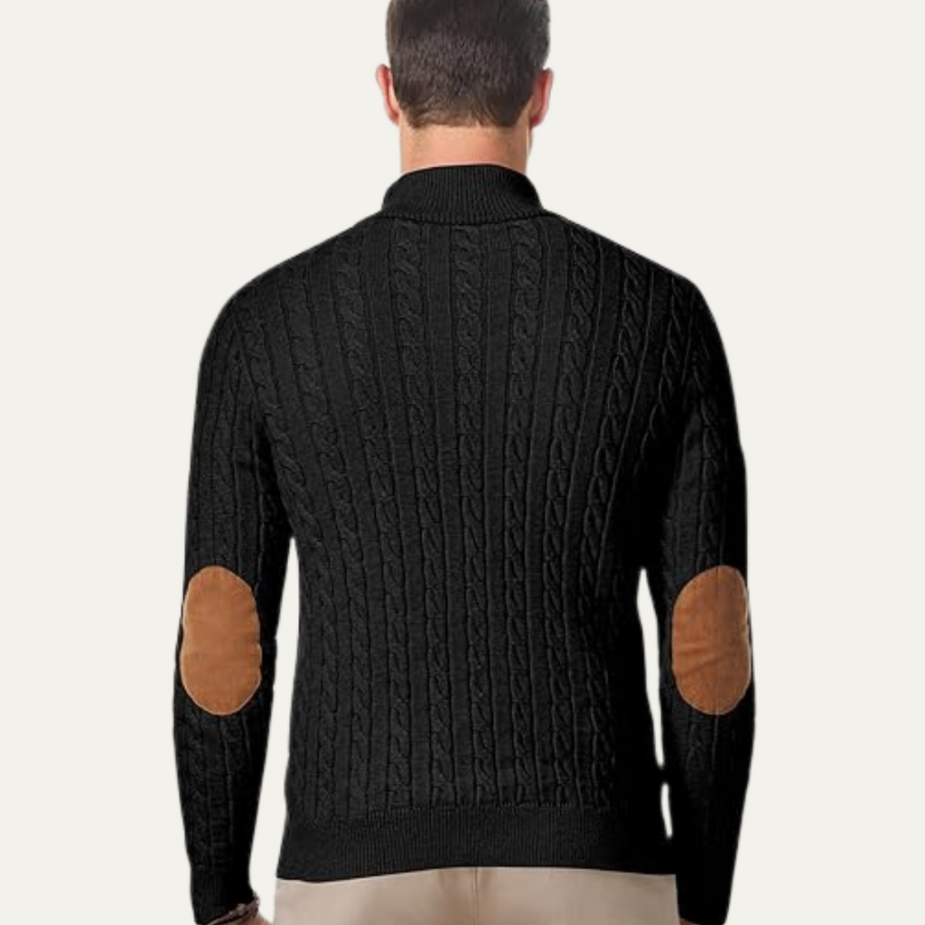 Men's black cable-knit collar stand sweater, back view with brown elbow patches