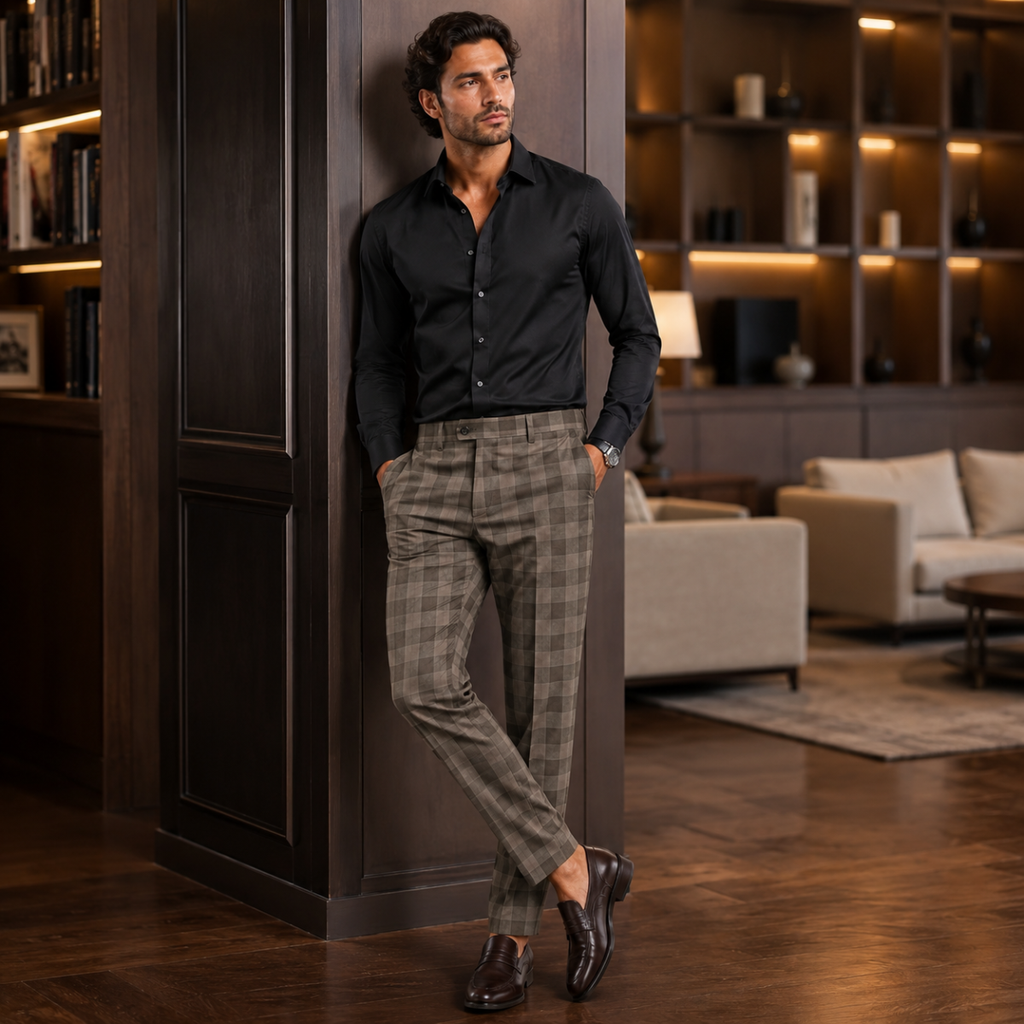 Men's slim-fit checked pants in gray plaid with belt loops and cuffs