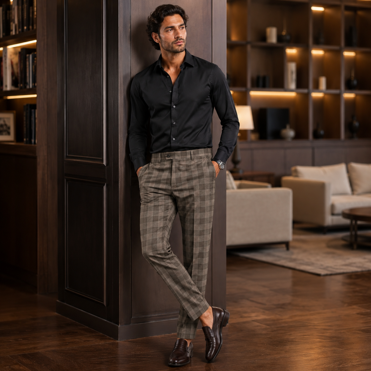 Men's slim-fit checked pants in gray plaid with belt loops and cuffs