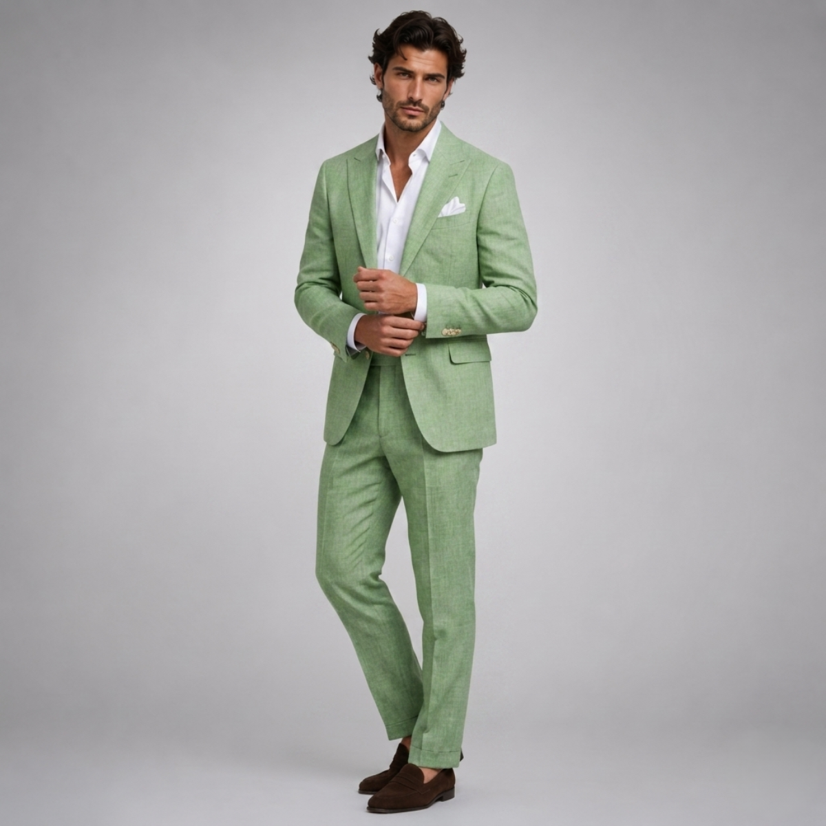 Light green linen slim-fit suit blazer and pants on model with white pocket square