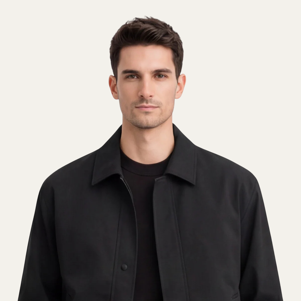 Men's black lightweight jacket close-up, point collar and button-front placket