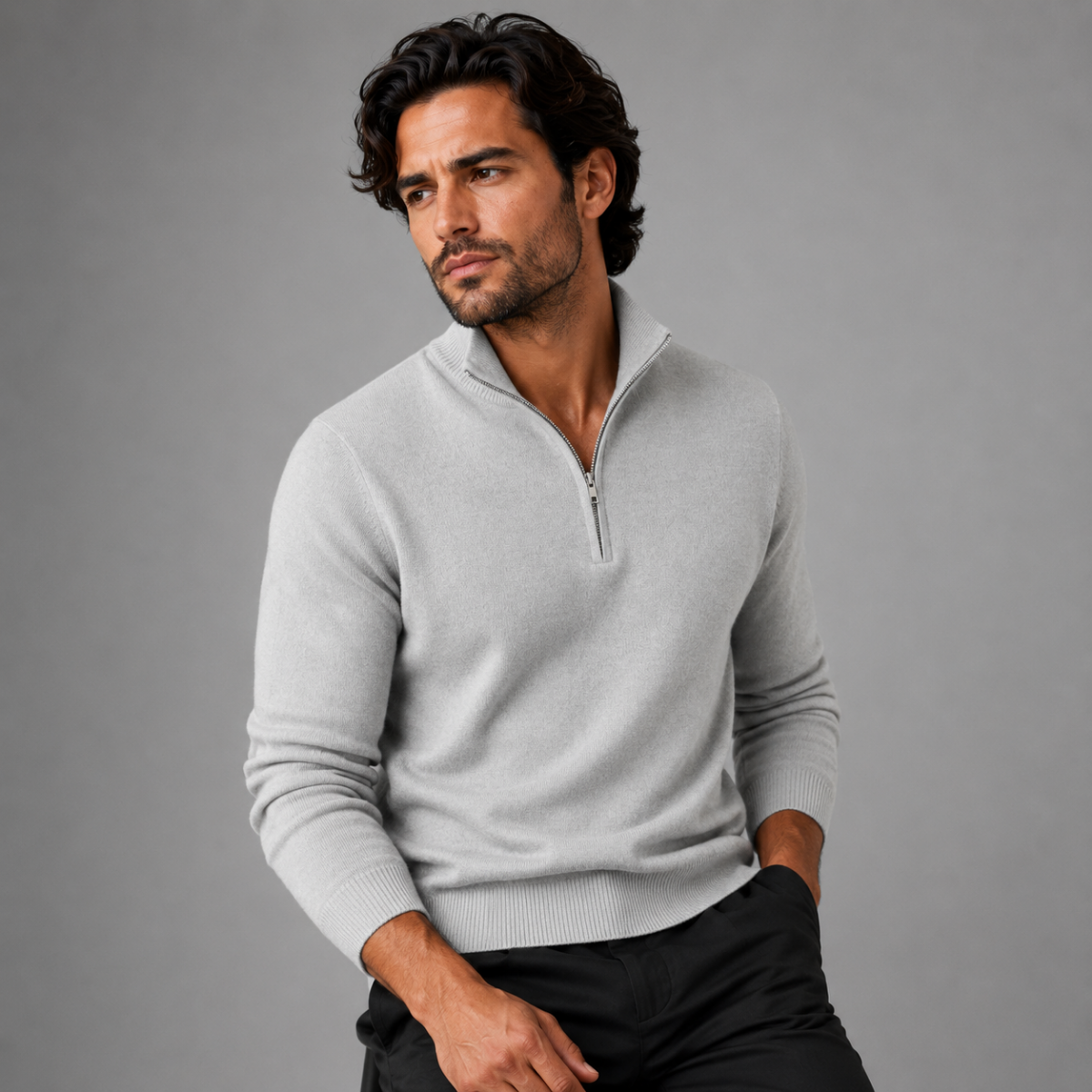 Men's quarter-zip mock neck sweater in light gray on model, fitted knit