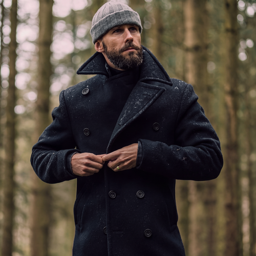 Men's Double Breasted Wool Peak Coat Navy