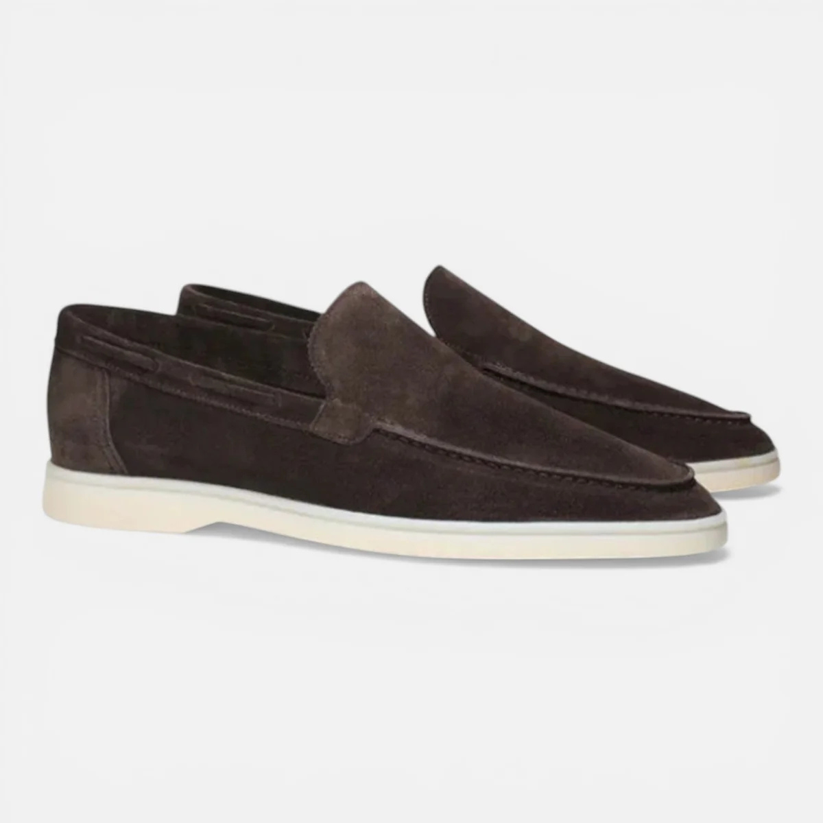 Men's suede casual loafers in dark brown with moc toe and slip-on sole