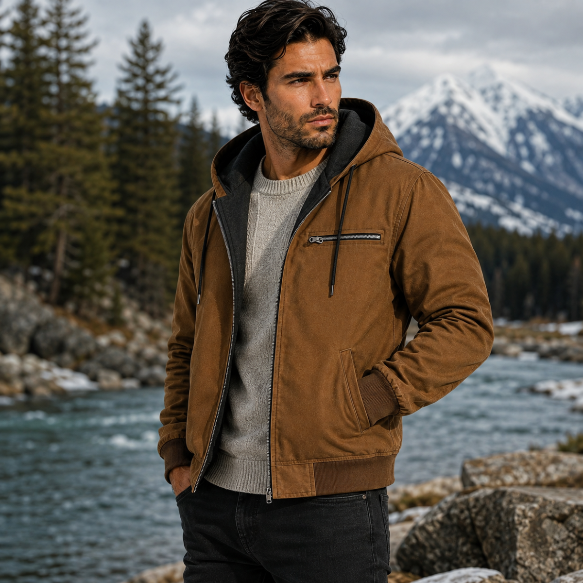 Men's hooded fleece-lined jacket in brown with zip front and drawstring hood.