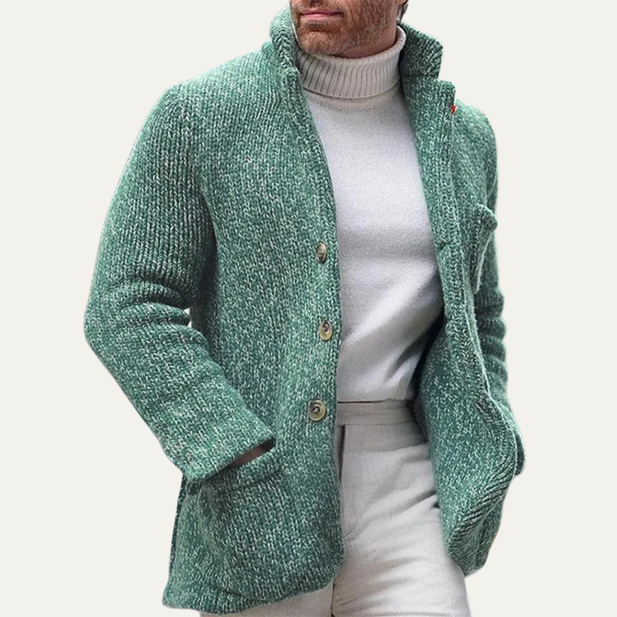 Men's green knitted cardigan with button front, shawl collar, and ribbed cuffs