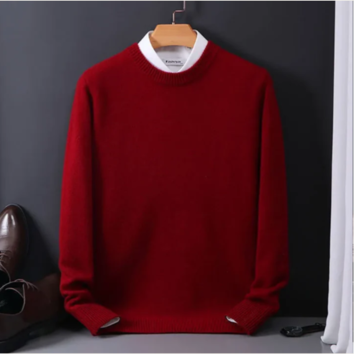 Men’s cashmere crew neck sweater on hanger, long sleeves, red knit