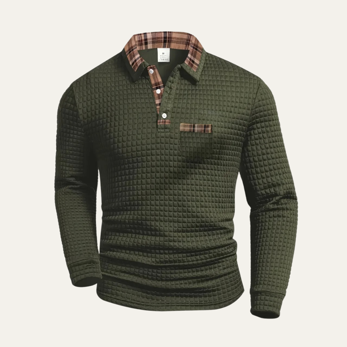 Army green waffle-knit polo sweater with plaid collar and chest pocket