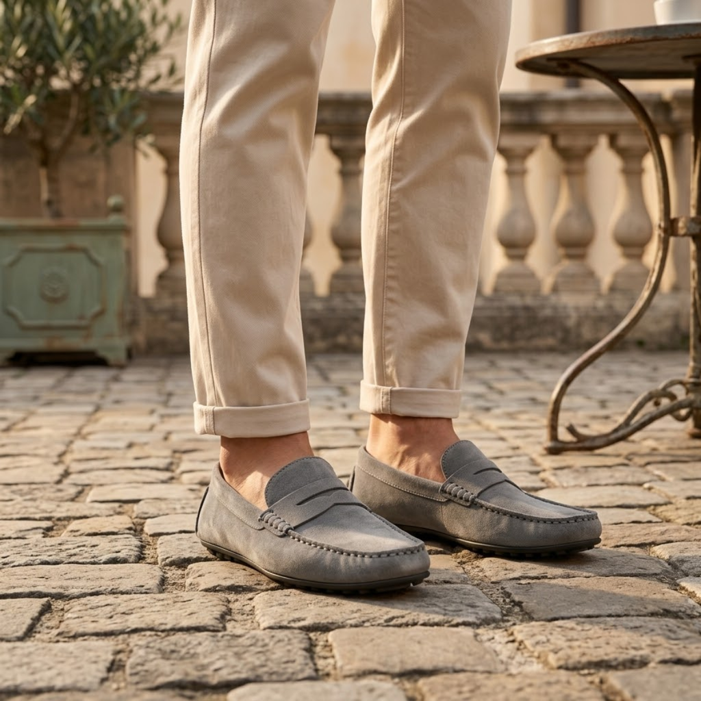 Gray suede moccasin loafers, slip-on with moc stitching and braided vamp trim detail.
