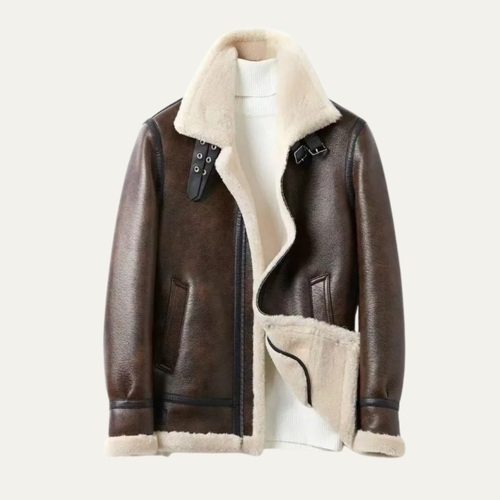 Men's brown leather sherpa-lined jacket with cream shearling collar and zip front