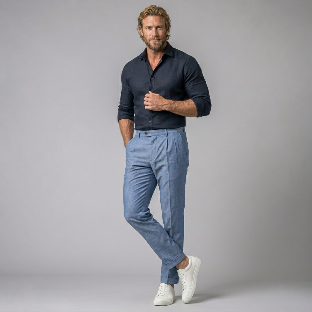 Men's blue slim-fit lightweight linen dress pants on model, pleated front and cuffed hem
