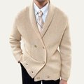 Beige double-breasted cardigan with shawl collar and ribbed hem detail