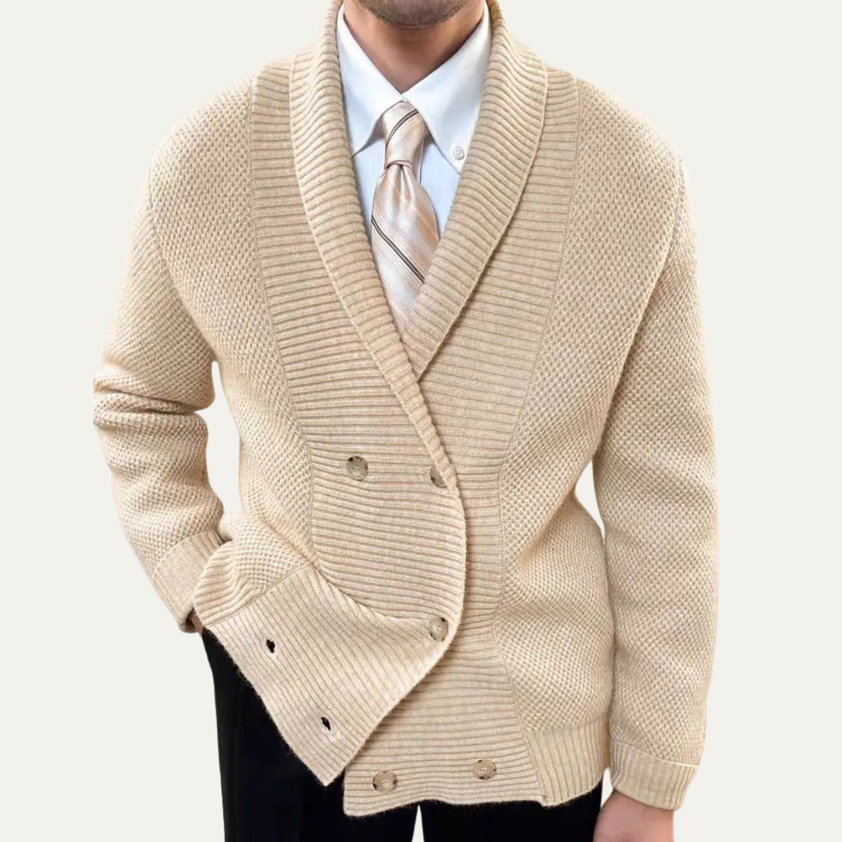 Beige double-breasted cardigan with shawl collar and ribbed hem detail